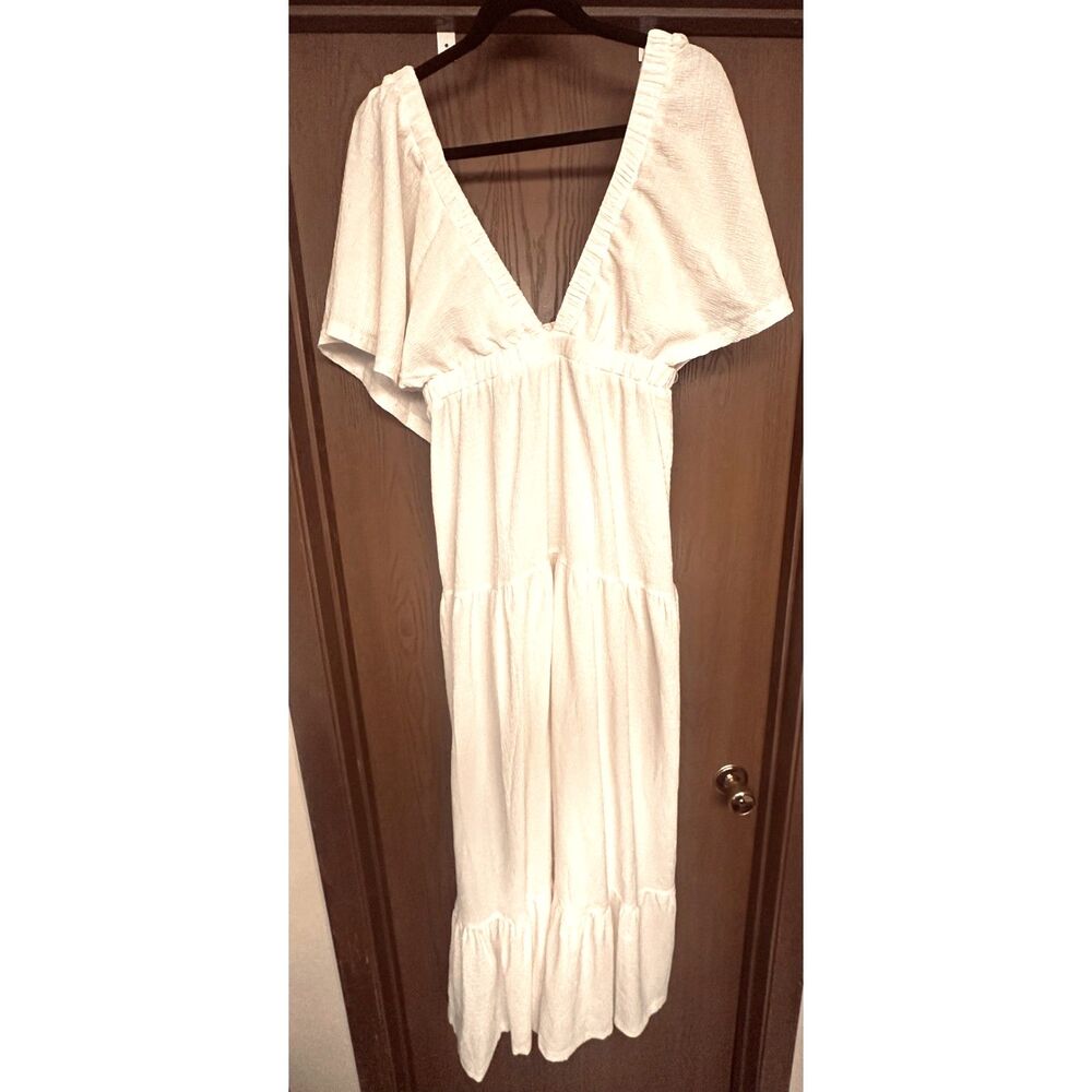 Breezy Resort NWT Crinkle Deep V Neck Futter Sleeves Cottage Dress L by Kikibell